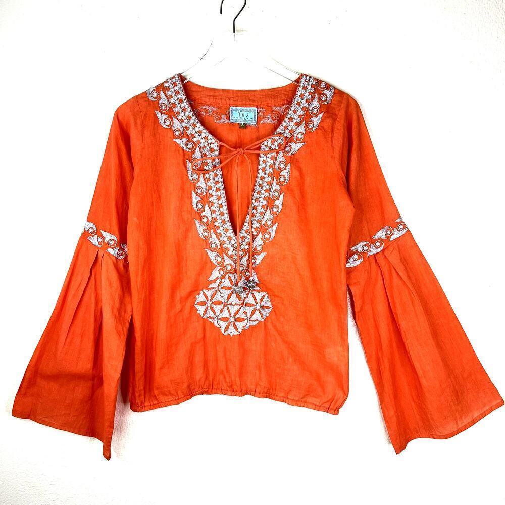 Taj by Sabrina Crippa Popover Blouse Top Orange Metallic Silver Embroidery SMALL
